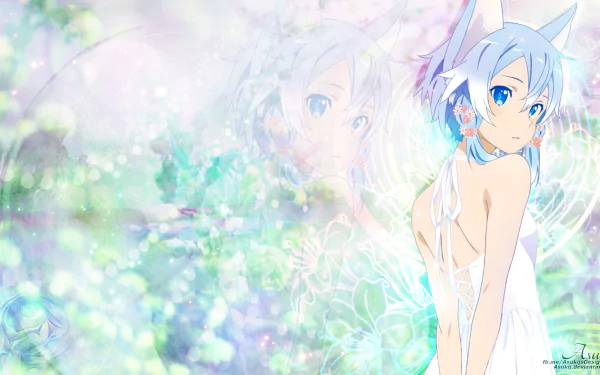 HD desktop wallpaper featuring Shino Asada, also known as Sinon, from Sword Art Online II. The anime character stands amidst a dreamy, pastel-toned background with floral and ethereal elements.