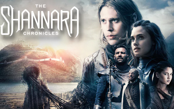 HD PC desktop wallpaper/background for The Shannara Chronicles TV show: a group of fantasy characters in armor stand before a misty river, broken bridge and distant castle at sunrise.