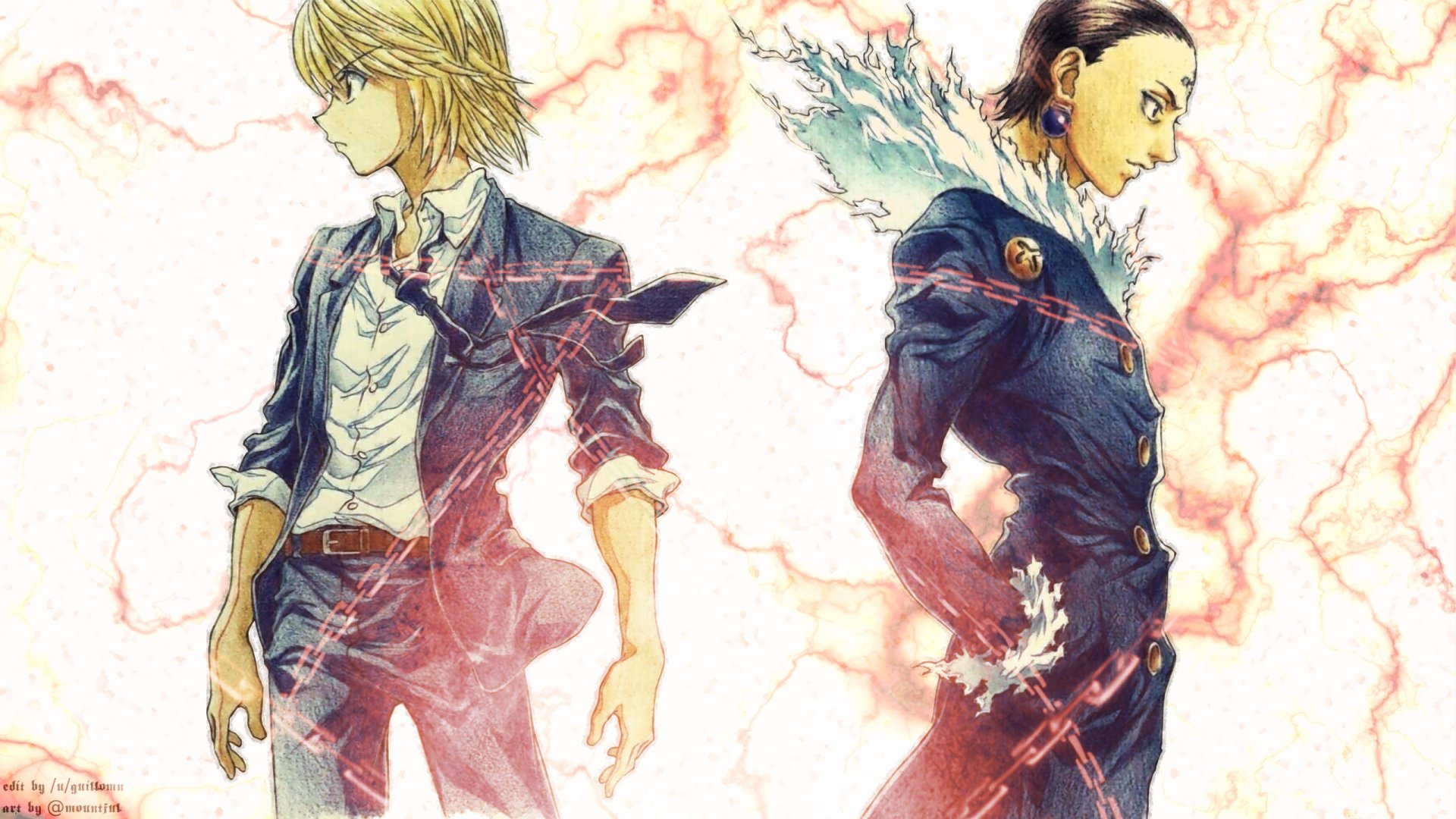 HD desktop wallpaper featuring Kurapika and Chrollo Lucilfer from the anime Hunter x Hunter. Both characters are depicted in detailed art against a dynamic background.