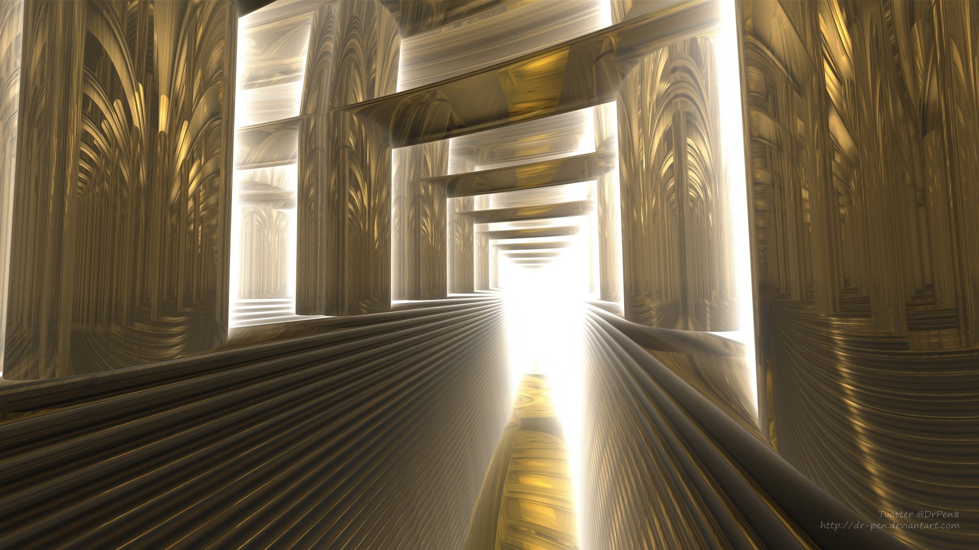 Bright gold CGI Mandelbulb 3D fractal: towering abstract columns and a repeating archway receding to a luminous vanishing point — 4K Ultra HD PC desktop wallpaper/background.