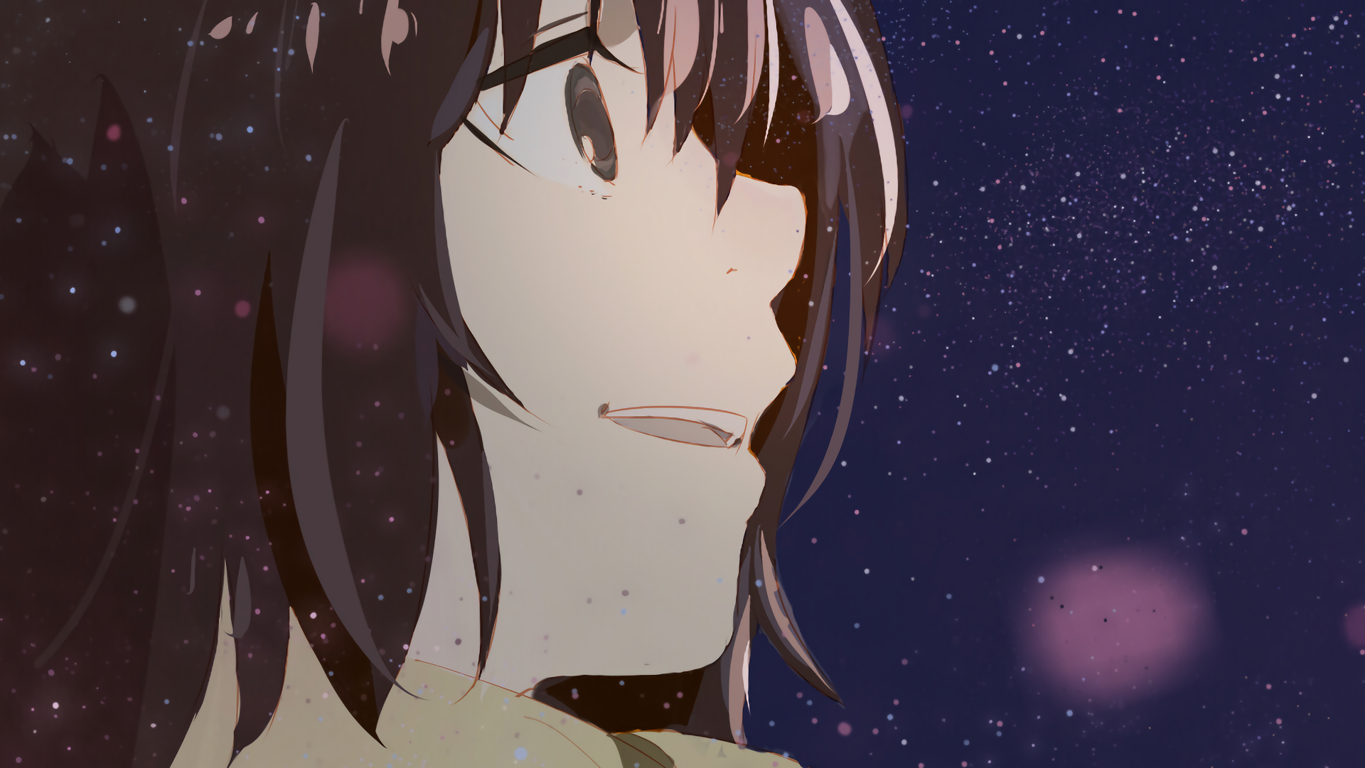 HD anime wallpaper featuring Kayo Hinazuki from Erased, showcasing her profile against a starry night sky background.