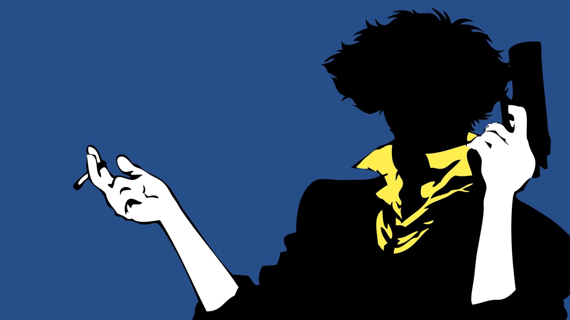 HD PC desktop wallpaper of Spike Spiegel from Cowboy Bebop — anime silhouette in blue, black and yellow, cigarette held casually.