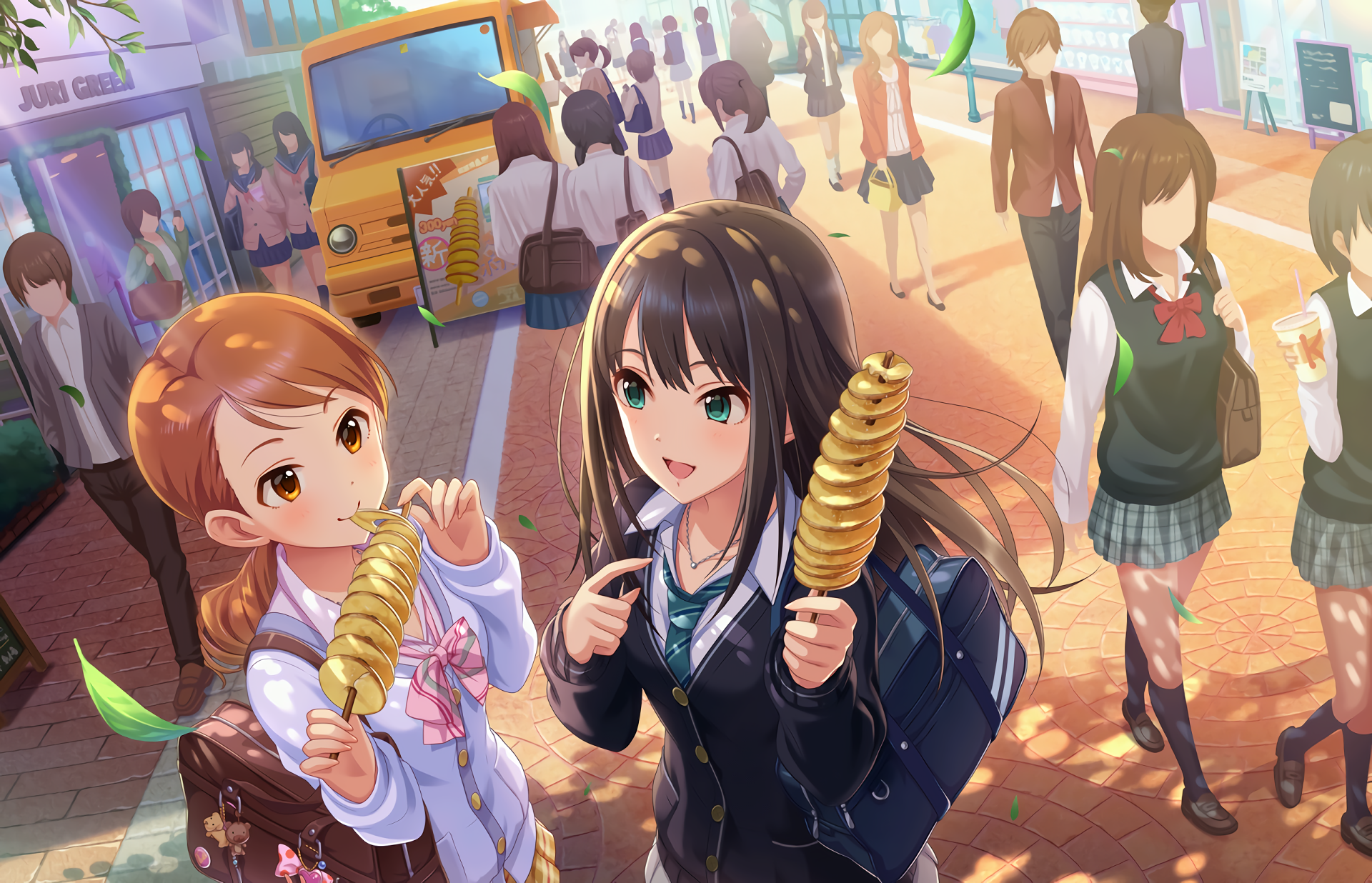 HD anime wallpaper featuring Karen Houjou and Rin Shibuya from THE iDOLM@STER: Cinderella Girls Starlight Stage enjoying street food in a bustling urban setting.