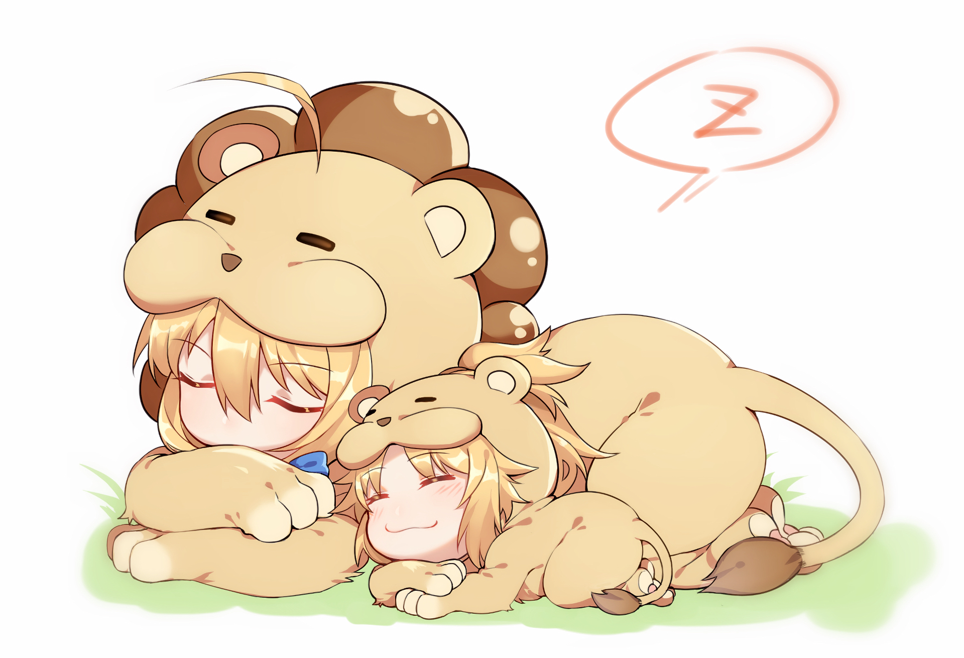 An HD desktop wallpaper featuring chibi versions of Saber from the Fate Series, dressed in adorable lion pajamas, sleeping peacefully. Tags include Carnival Phantasm, Anime, and Fate/Grand Order.