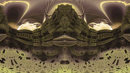 Symmetrical sepia-toned abstract fractal created with Mandelbulb 3D, showcasing intricate 3D CGI shapes in a surreal, brown-hued landscape for an HD desktop background.
