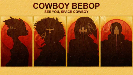 HD anime desktop wallpaper featuring silhouetted characters from Cowboy Bebop against a warm, textured background with the text SEE YOU, SPACE COWBOY.