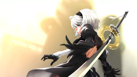 HD desktop wallpaper featuring YoRHa No.2 Type B from the video game NieR: Automata, showcasing the character in a dynamic pose with a sword against a light background.