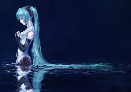 HD desktop wallpaper featuring Hatsune Miku, a cute blue-haired Vocaloid anime character, standing in water with a serene expression against a dark blue background.
