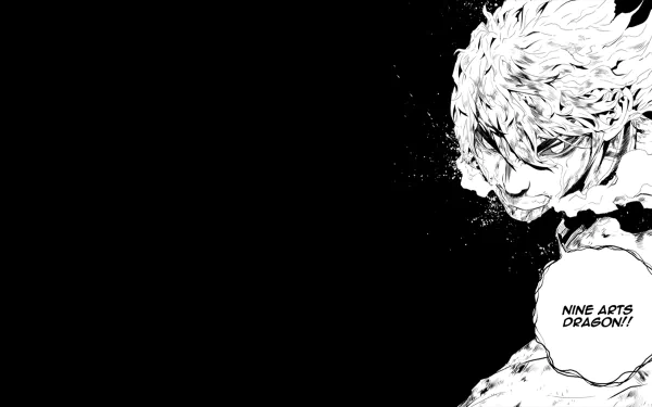 Monochrome anime illustration from The Breaker: fierce character on right with NINE ARTS DRAGON!! speech bubble against black negative space — 4K Ultra HD PC desktop wallpaper/background.