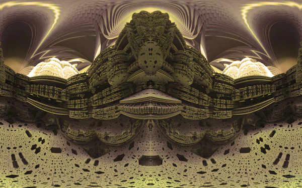 Symmetrical sepia-toned abstract fractal created with Mandelbulb 3D, showcasing intricate 3D CGI shapes in a surreal, brown-hued landscape for an HD desktop background.