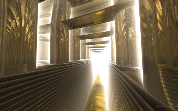 Bright gold CGI Mandelbulb 3D fractal: towering abstract columns and a repeating archway receding to a luminous vanishing point — 4K Ultra HD PC desktop wallpaper/background.