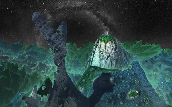 CGI 8K Ultra HD fractal landscape of green Mandelbulb 3D mountains under a starry night sky with space elements, blending abstract and natural forms in vivid detail.