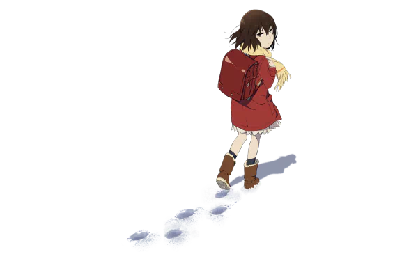 HD anime desktop wallpaper featuring Kayo Hinazuki from Erased, showing her walking away with footprints in the snow.