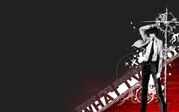 HD PC desktop wallpaper featuring Light Yagami from the anime Death Note, with a dark background and stylized red and white graphic elements.