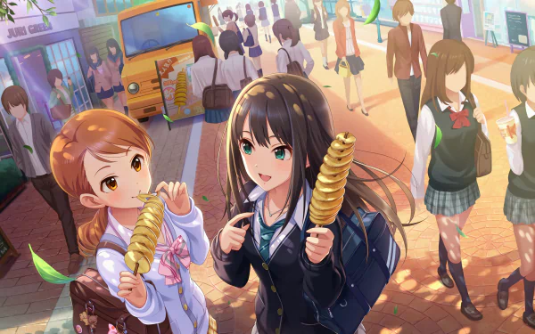 HD anime wallpaper featuring Karen Houjou and Rin Shibuya from THE iDOLM@STER: Cinderella Girls Starlight Stage enjoying street food in a bustling urban setting.