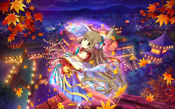 HD PC desktop wallpaper featuring Yoshino Yorita from THE iDOLM@STER: Cinderella Girls Starlight Stage in an autumn night festival setting with vibrant city lights.