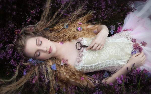 Women Mood Sleeping Flower Key Blonde White Dress HD Wallpaper | Background Image