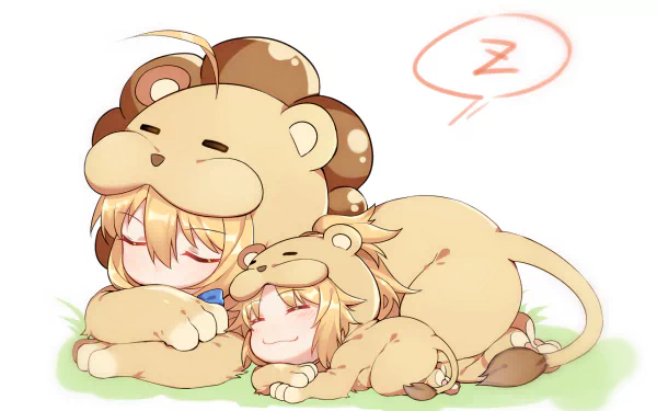 An HD desktop wallpaper featuring chibi versions of Saber from the Fate Series, dressed in adorable lion pajamas, sleeping peacefully. Tags include Carnival Phantasm, Anime, and Fate/Grand Order.