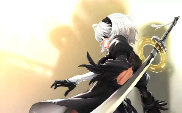 HD desktop wallpaper featuring YoRHa No.2 Type B from the video game NieR: Automata, showcasing the character in a dynamic pose with a sword against a light background.