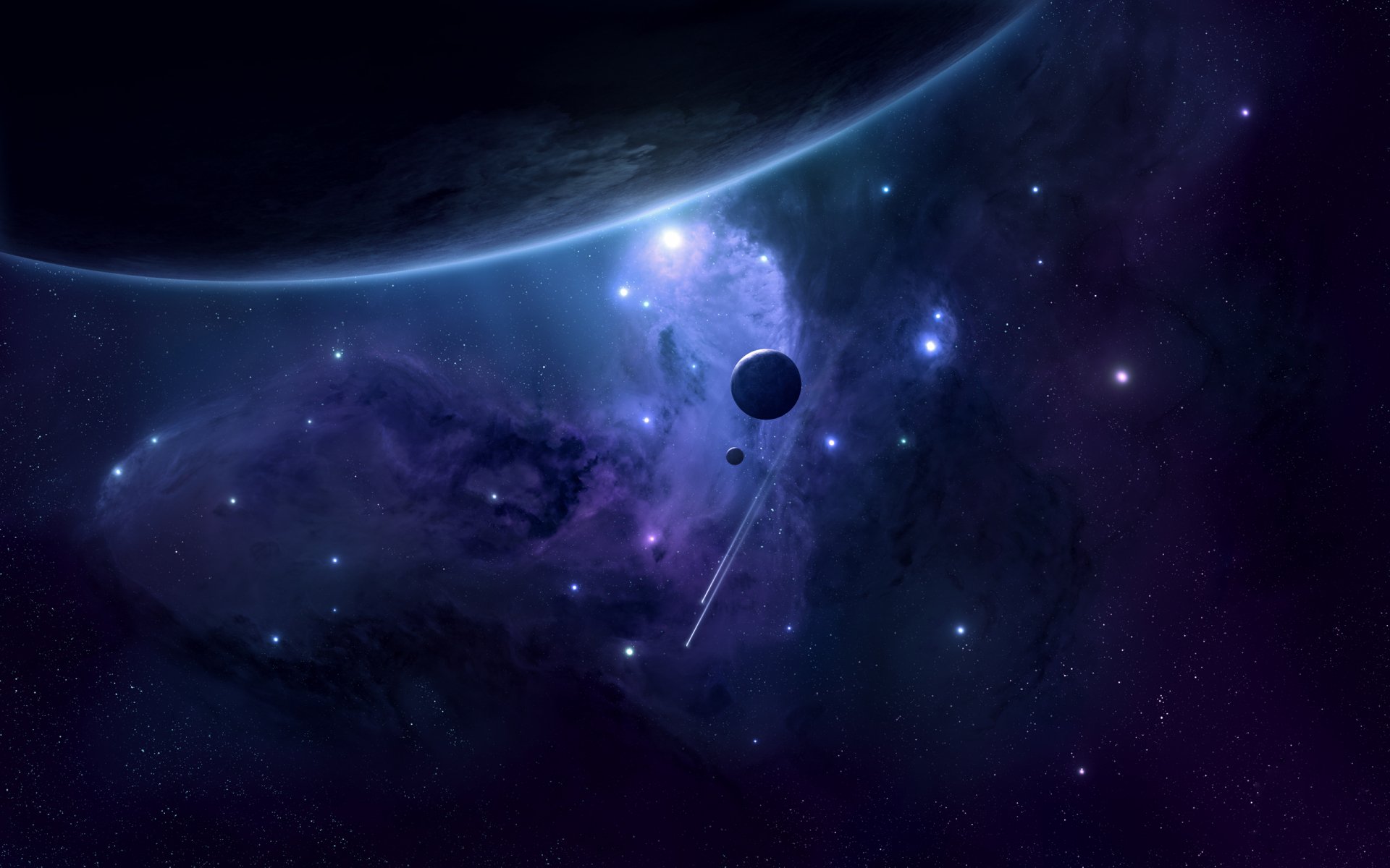 A stunning HD desktop wallpaper depicting a vibrant sci-fi space scene with a distant planet, stars, and swirling cosmic clouds against a deep purple backdrop.