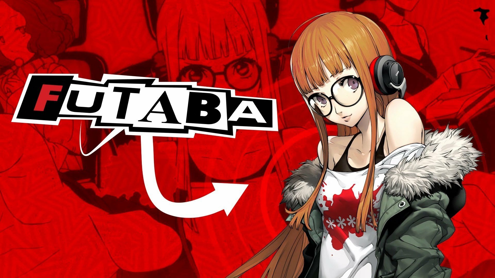 HD PC desktop wallpaper featuring Futaba Sakura from the video game Persona 5, set against a bold red background with stylized text and character artwork.