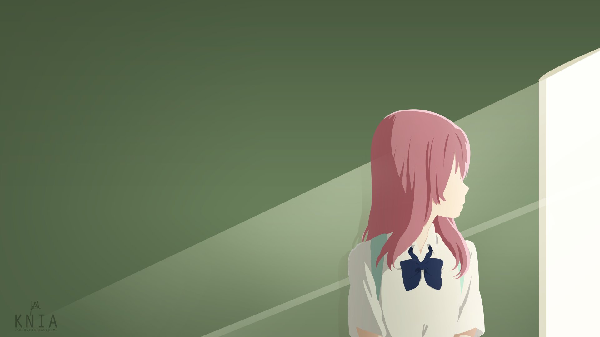 Shouko Nishimiya from the anime A Silent Voice, featured in a minimalist 4K Ultra HD PC desktop wallpaper with soft green and beige tones.