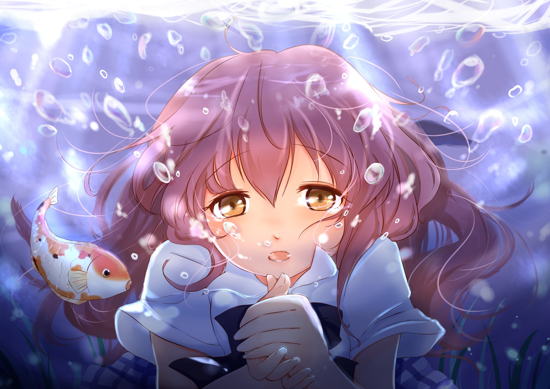 4K Ultra HD anime wallpaper featuring Shouko Nishimiya from A Silent Voice underwater with flowing hair and bubbles, accompanied by a koi fish in a serene blue scene.