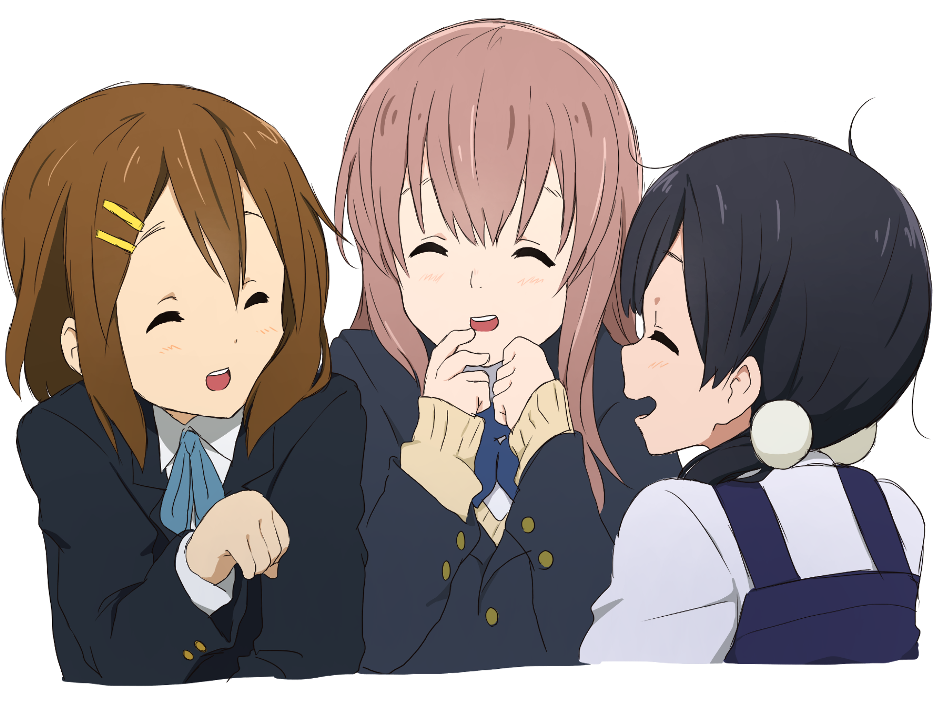 HD PC desktop wallpaper anime crossover: Tamako Kitashirakawa, Yui Hirasawa and Shouko Nishimiya laughing together in a close-up, cheerful trio.