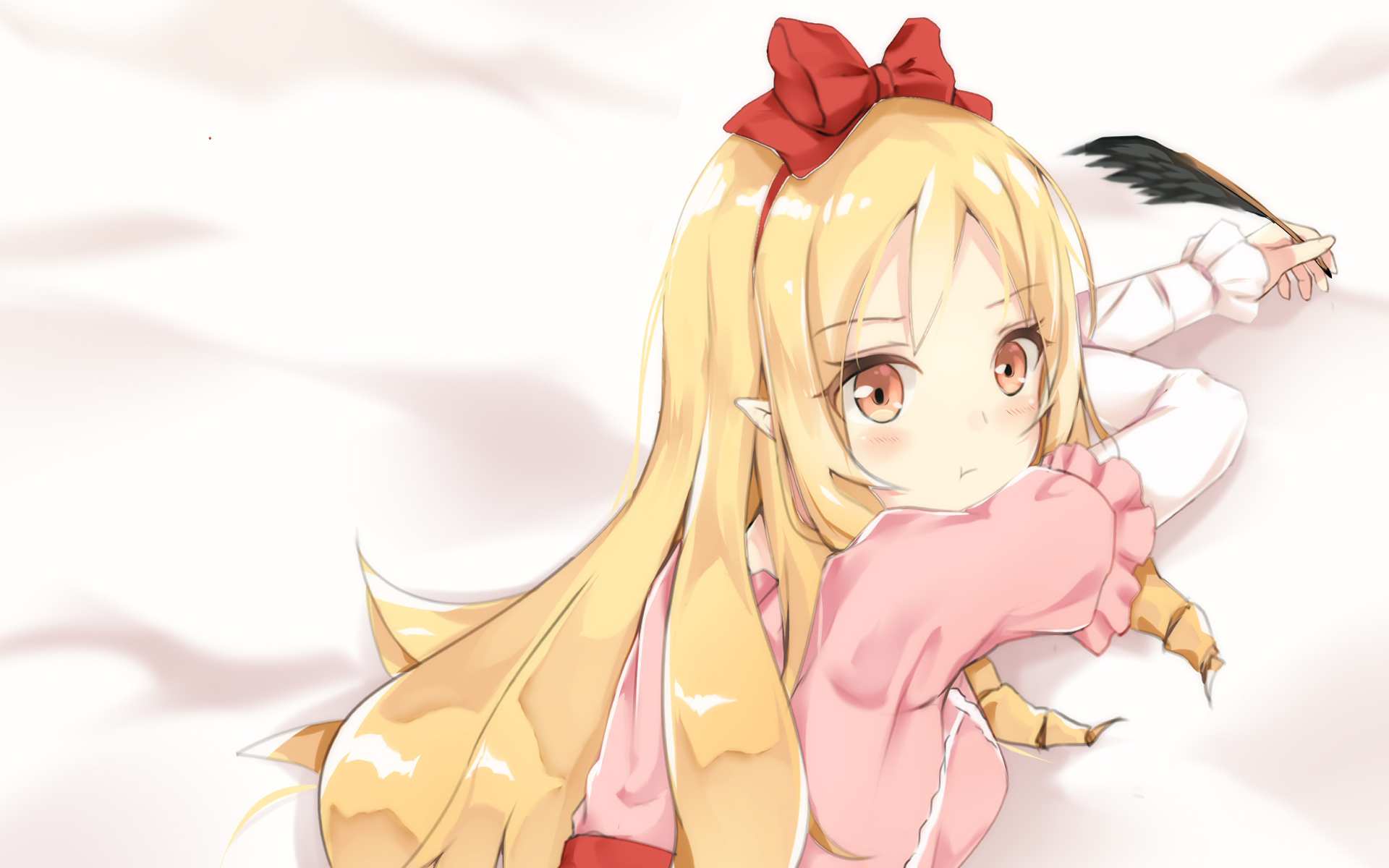 HD PC desktop wallpaper featuring Elf Yamada from the anime EroManga-Sensei, depicted with long blonde hair, a red bow, and holding a feather pen.