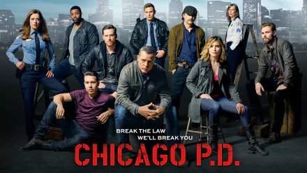 HD desktop wallpaper featuring the main cast of the TV show Chicago P.D., with Hank Voight prominently centered against a city skyline background.