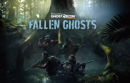 8K Ultra HD PC desktop wallpaper featuring a dense forest scene with armed operatives from the video game Tom Clancy’s Ghost Recon Wildlands: Fallen Ghosts.