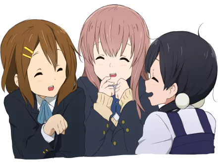 HD PC desktop wallpaper anime crossover: Tamako Kitashirakawa, Yui Hirasawa and Shouko Nishimiya laughing together in a close-up, cheerful trio.