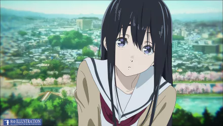 HD PC desktop wallpaper featuring Naoka Ueno from the anime A Silent Voice, with a detailed cityscape background and soft, expressive character design.