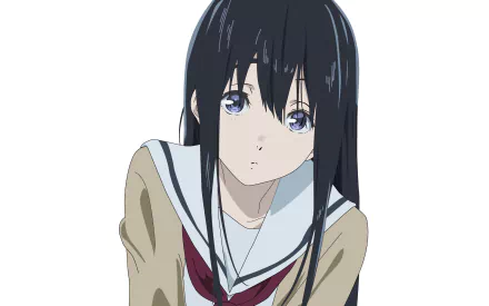 HD wallpaper featuring Naoka Ueno from the anime A Silent Voice, showcasing her in a school uniform with purple eyes and long black hair, set against a plain background.