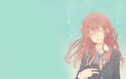 HD desktop wallpaper featuring Shouko Nishimiya from the anime A Silent Voice, shown against a soft blue background with sparkling elements and the text The Shape of Voice.
