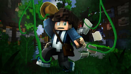 HD desktop wallpaper featuring a Minecraft character in a dynamic, adventurous pose, surrounded by greenery and holding a whip.