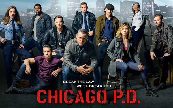 HD desktop wallpaper featuring the main cast of the TV show Chicago P.D., with Hank Voight prominently centered against a city skyline background.