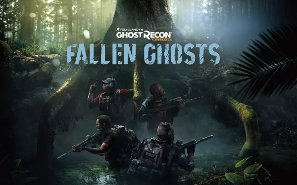 8K Ultra HD PC desktop wallpaper featuring a dense forest scene with armed operatives from the video game Tom Clancy’s Ghost Recon Wildlands: Fallen Ghosts.