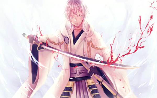 HD anime desktop wallpaper featuring Tsurumaru Kuninaga from Touken Ranbu, depicted with a sword and cherry blossom petals in a serene, ethereal setting.