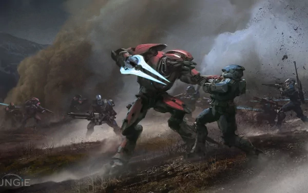 HD wallpaper of an intense battle scene in the video game Halo: Reach, featuring Spartans and Covenant forces engaged in combat amidst a smoky battlefield.