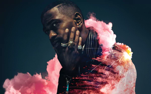 HD wallpaper featuring a stylish individual with pink smoke effects in the background.