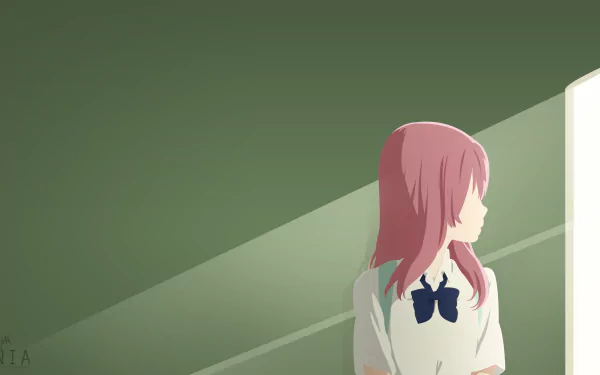 Shouko Nishimiya from the anime A Silent Voice, featured in a minimalist 4K Ultra HD PC desktop wallpaper with soft green and beige tones.