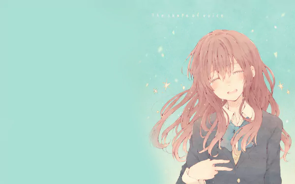 HD desktop wallpaper featuring Shouko Nishimiya from the anime A Silent Voice, shown against a soft blue background with sparkling elements and the text The Shape of Voice.