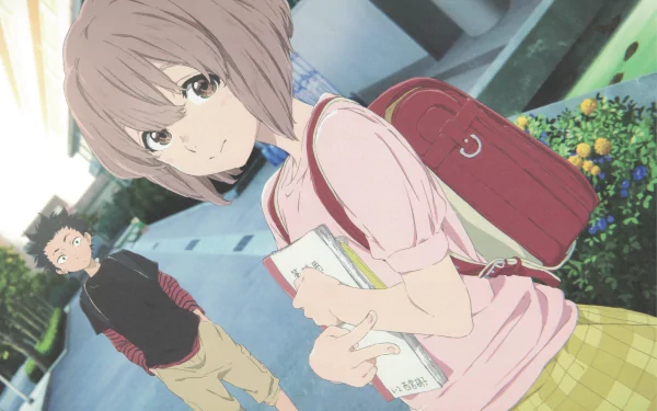 HD desktop wallpaper featuring Shouya Ishida and Shouko Nishimiya from the anime A Silent Voice. Shouko, smiling and holding books, stands in the foreground, with Shouya in the background on a sunny day.