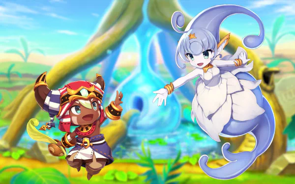HD PC desktop wallpaper featuring vibrant characters from the video game Ever Oasis in a lively, colorful fantasy setting.
