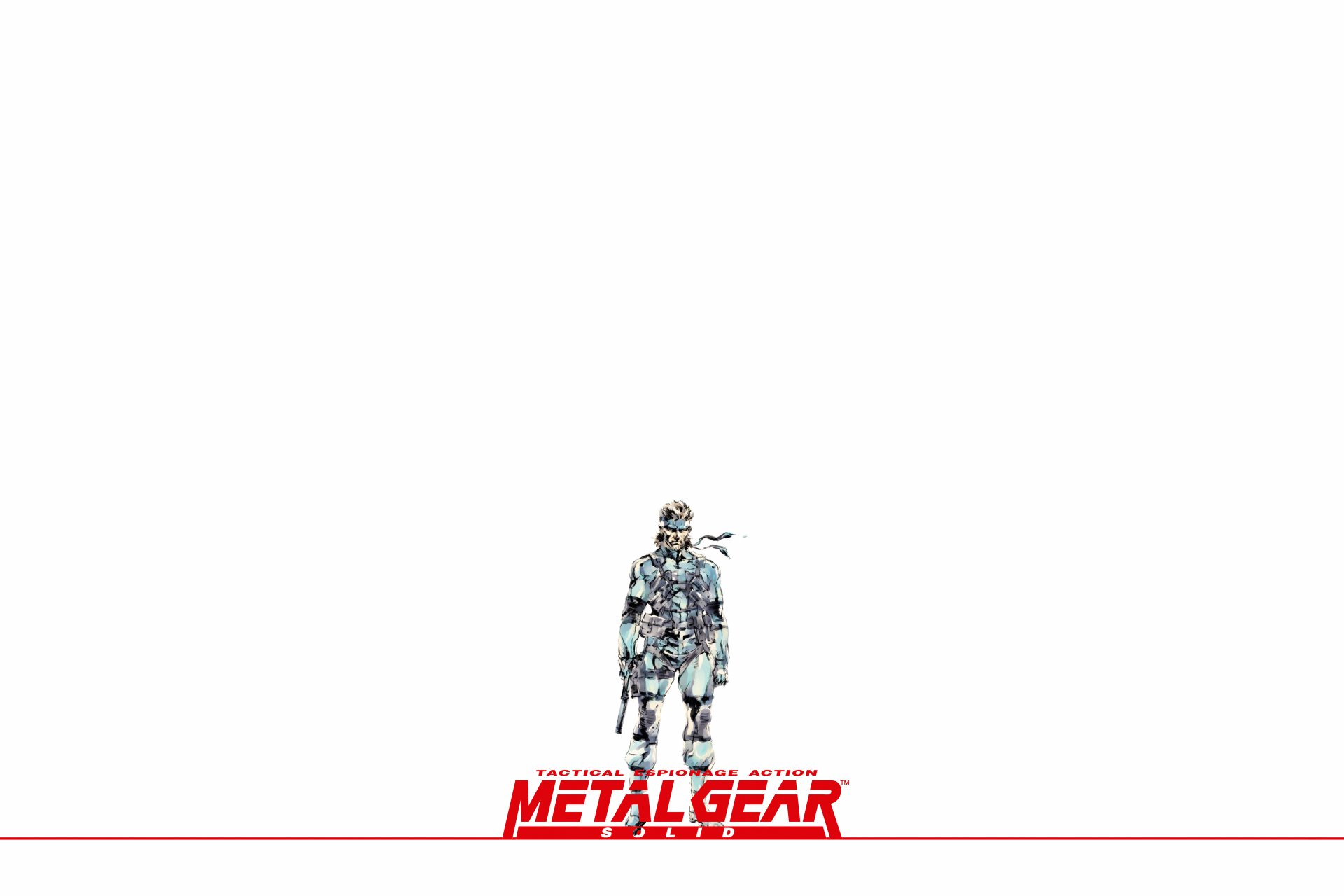 Minimal 5K Ultra HD PC desktop wallpaper: Metal Gear video game soldier in camo and bandana centered above red Metal Gear logo on white background.