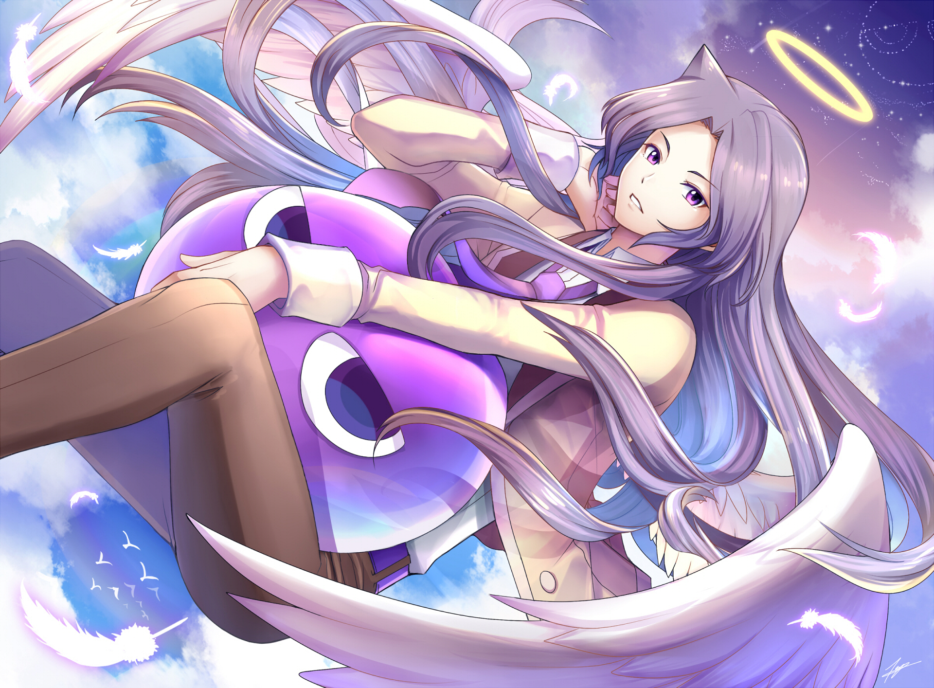 HD PC desktop wallpaper featuring Abyss from the video game Puyo Puyo, with a serene sky background and soft, pastel colors highlighting the character's graceful pose.