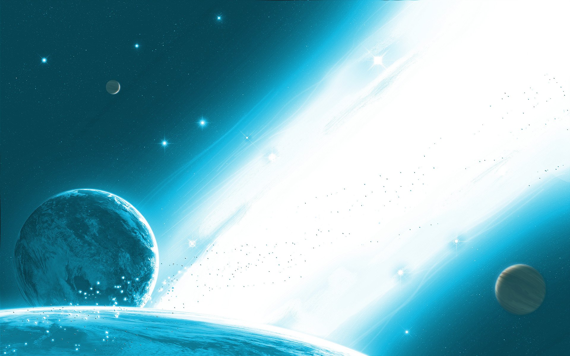 A stunning HD PC desktop wallpaper featuring a Sci-Fi scene of a bright moon illuminating a cosmic landscape with planets and a luminous starry background.