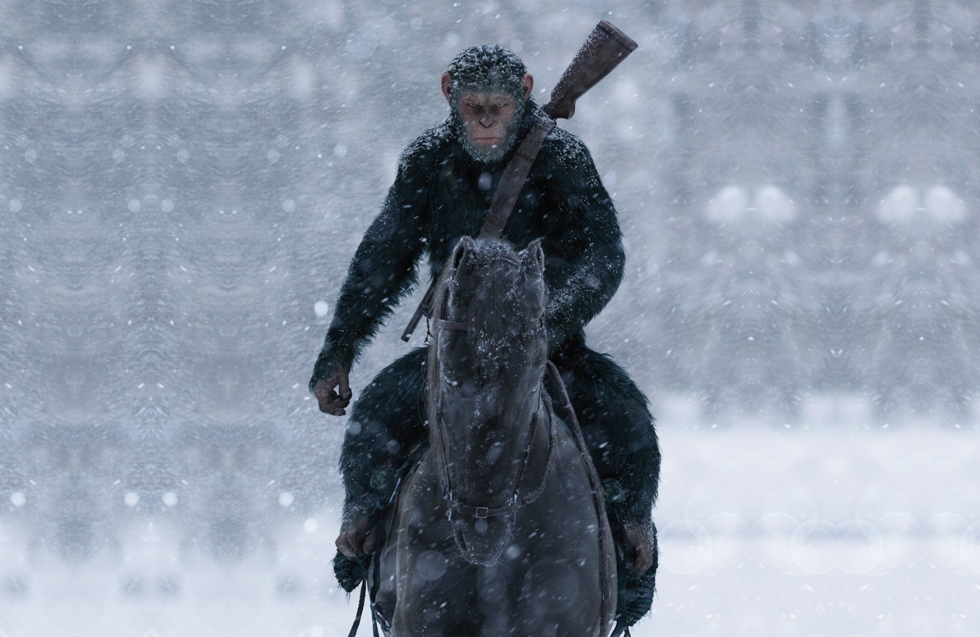 HD wallpaper of War For The Planet Of The Apes featuring a snow-covered scene with an ape riding a horse, armed and determined.