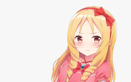 HD PC desktop wallpaper featuring Elf Yamada from the anime EroManga-Sensei with her long blonde hair, red bow, and serious expression on a white background.